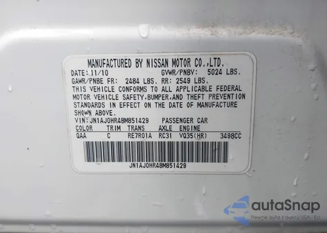 2011 Infiniti Ex35 Journey z USA, uszkodzony, nr VIN JN1AJ0HR4BM851429